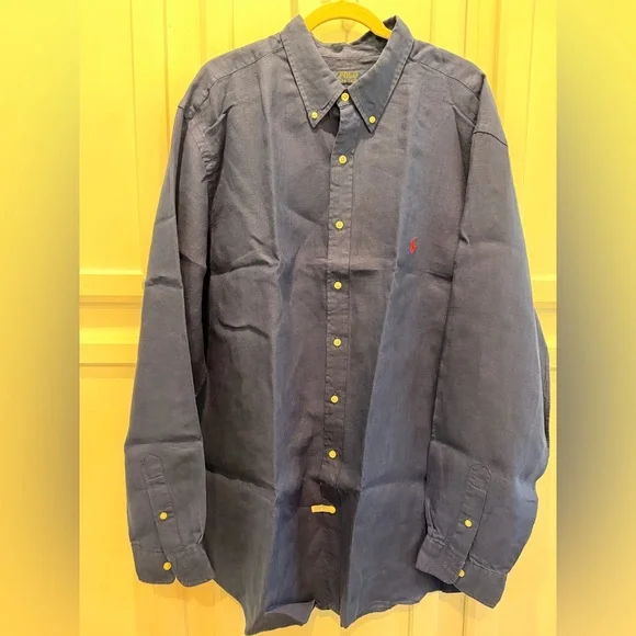 2XLT Linen Ralph Lauren Navy Button-Down Shirt - Picture 1 of 2